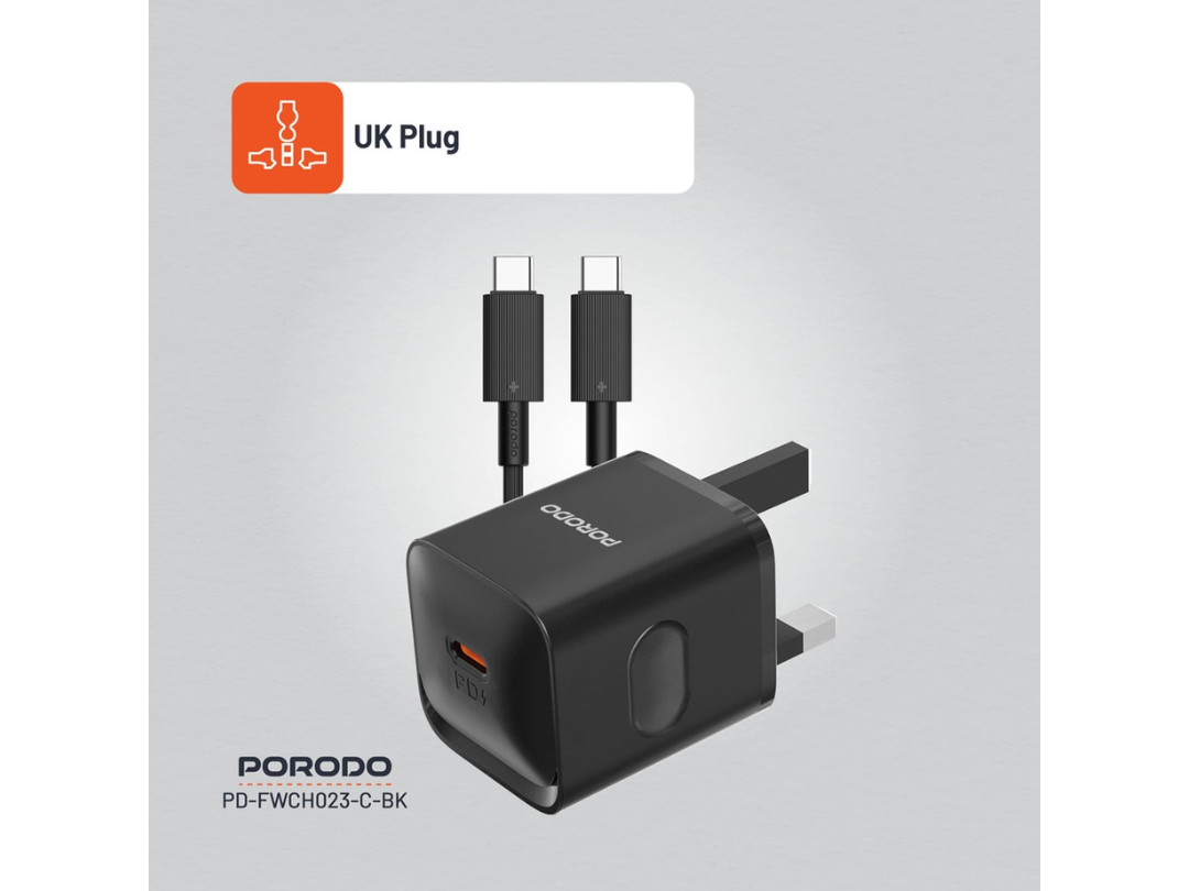 Porodo USB-C Power Delivery Wall Charger with Type-C Cable - Black Porodo USB-C Power Delivery Wall Charger with Type-C Cable - Black